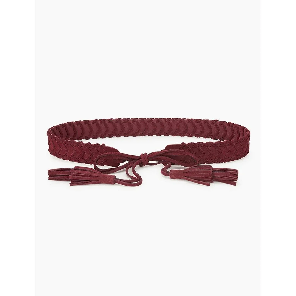 Lucky Brand Burgundy Suede Braided Wrap Tie Tassel Belt Womens XS